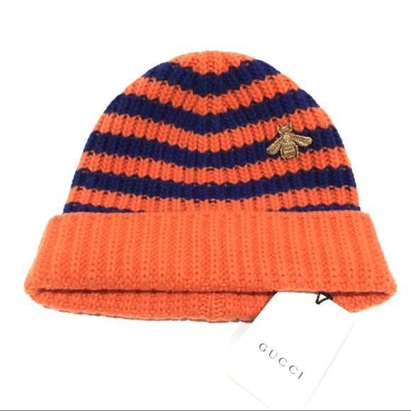 Gucci Bee Beanie -100% Wool -Orange / Blue Striped -NWT - Picture 3 of 7